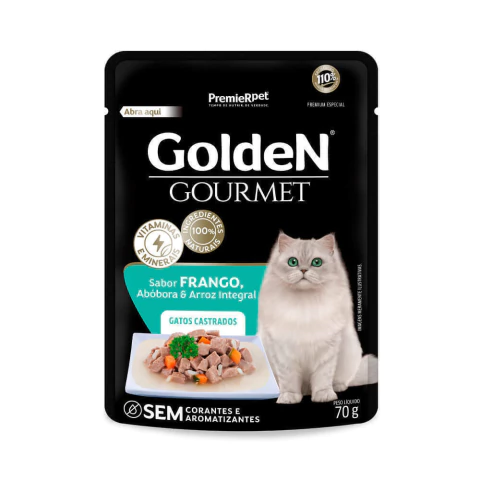 Ração Úmida Sachê Golden Gourmet Gatos Castrados Sabor Frango, Abóbora e Arroz Integral 70g