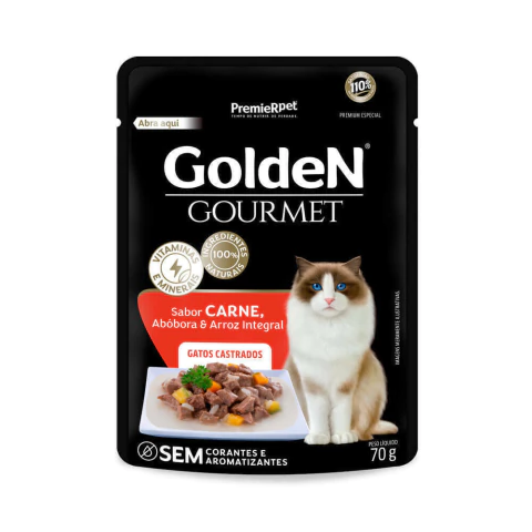 Ração Úmida Sachê Golden Gourmet Gatos Castrados Sabor Carne, Abóbora e Arroz Integral 70g