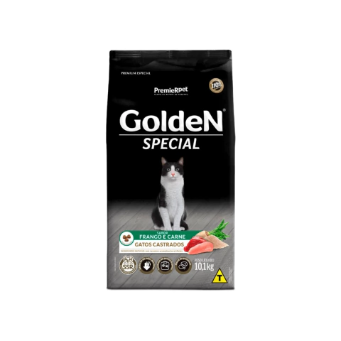 RAÇÃO GOLDEN SPECIAL GATOS CASTRADOS SABOR FRANGO E CARNE 10,1KG