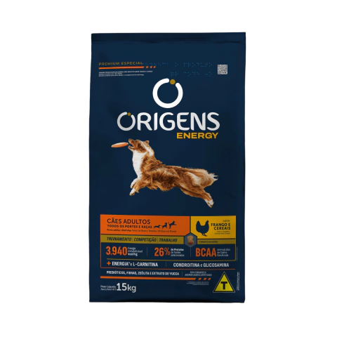 Ração Origens Energy Cães Adultos Sabor Frango e Cereais - 15kg
