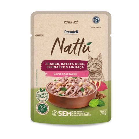 Ração Úmida Sachê Premier Nattu Gatos Castrados Sabor Frango, Batata-Doce, Espinafre e Linhaça 70 g