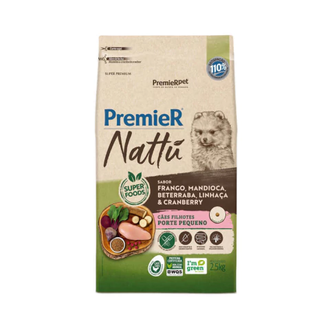 Ração Premier Nattu Cães Filhotes Porte Pequeno Frango, Mandioca, Beterraba, Linhaça & Cranberry 2,5KG