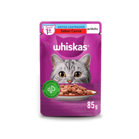 Ração Úmida Whiskas Sachê Carne ao Molho Gatos Adultos Castrados 85g