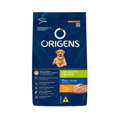 Ração Origens Light Cães Adultos Porte Médio Grande Sabor Frango e Cereais - 15kg