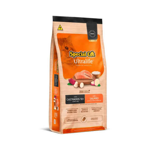 RAÇÃO SPECIAL CAT ULTRALIFE SALMÃO E ARROZ PARA GATOS CASTRADOS SENIOR10+ SABOR SALMÃO 10,1KG