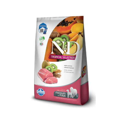 RAÇÃO N&D TROPICAL SELECTION CÃES ADULTO RAÇAS MÉDIAS E GRANDES SUÍNO 12KG