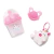 Accesorios de muñeca Bebe New Born: mamadera rosa con dibujo de unicornio, chupete y llavero de unicornio sonriente, ideales para juegos de simulación infantil.