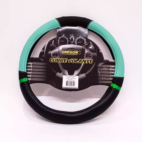 CUBRE VOLANTE MODELO NASCAR CUERO SINTETICO NEGRO/VERDE AGUA 38CM CV060