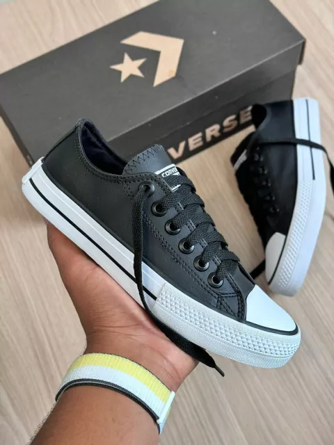Tênis All Star Cano Baixo Preto Couro Feminino Casual