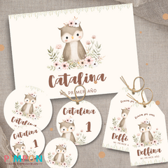 Kit imprimible personalizado - buho floral - pimpon