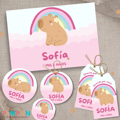 Printable kit editable texts - pink rainbow capybara - pimpon