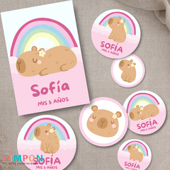 Printable kit editable texts - pink rainbow capybara