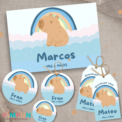 Kit imprimible textos editables - capibara arcoiris celeste - pimpon