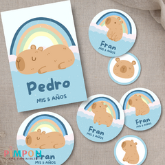 Kit imprimible textos editables - capibara arcoiris celeste