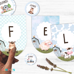 Kit imprimible textos editables - Granja acuarela (turquesa) - pimpon