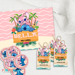 Kit imprimible textos editables - Stitch y Angel (rosa)