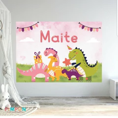 Banner imprimible digital 2 x 1.5 mts - DINOSAURIOS DINO PARTY ROSA