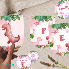 Kit imprimible textos editables - Dinosaurios acuarela mod. 02 (rosa) - comprar online