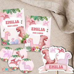 Kit imprimible textos editables - Dinosaurios acuarela mod. 02 (rosa)