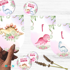 Kit imprimible textos editables - Dinosaurios acuarela mod. 01 (rosa) - comprar online