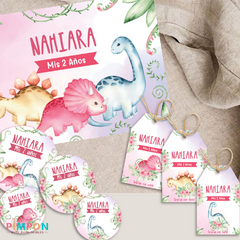 Imagen de Kit imprimible personalizado - Dinosaurios acuarela mod. 01 (rosa)