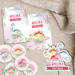 Kit imprimible textos editables - Dinosaurios acuarela mod. 01 (rosa)