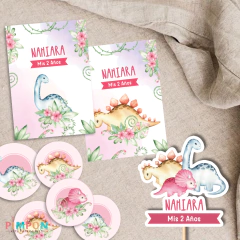 Kit imprimible textos editables - Dinosaurios acuarela mod. 01 (rosa)