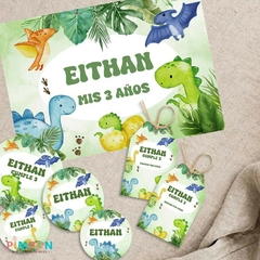 Kit imprimible textos editables - Dinosaurios acuarela mod. 02 (verde)