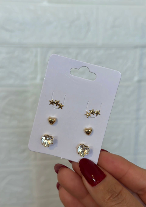 Trio de Brincos Coração Estrela Dourado