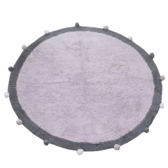 Tapete Infantil Redondo Pompom Rosa com Borda Cinza e Pompons Cinza e branco