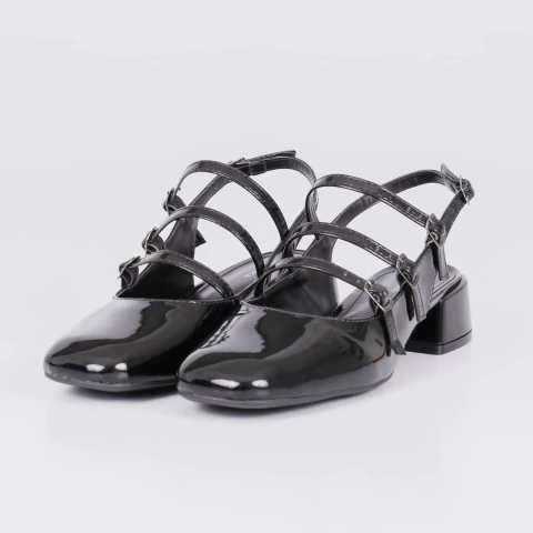 Bel - Mule Slingback Feminino Fivelas Bico Redondo Salto Grosso Preto