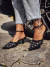 Cristal - Scarpin Feminino Bico Fino Salto Baixo Tela Aplicações Preto - Not-Me Shoes - Fábrica Própria de Calçados Femininos