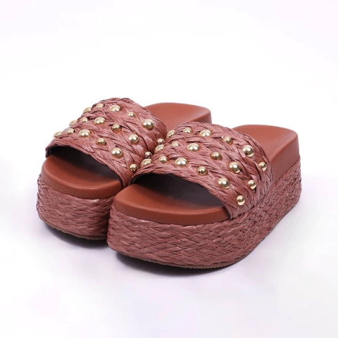 Mônaco - Chinelo Feminino Flatform Com Aplicação Palha Marrom - comprar online