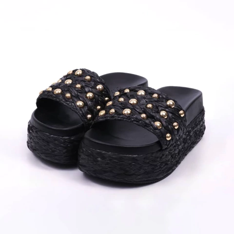 Mônaco - Chinelo Feminino Flatform Com Aplicação Palha Preto