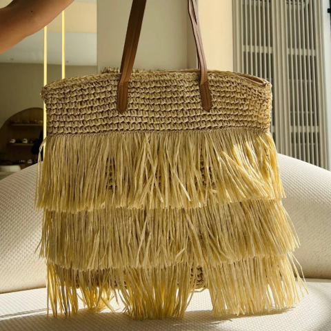 Sun - Bolsa Feminina Franjas Duas Alças Palha - comprar online