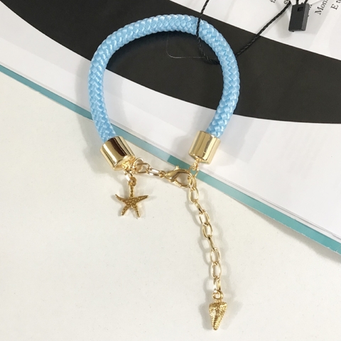 Pulseira Corda Azul Pingentes Dourados Maré
