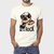 Homem vestindo uma camiseta masculina de algodão off white com estampa de pug tocando guitarra e a frase On the Rock.