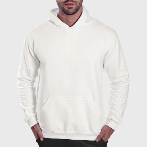 Homem vestindo moletom canguru masculino off white liso com capuz e bolso frontal