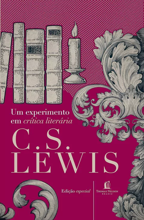Capa do livro "Um experimento em crítica literária" de C. S. Lewis com fundo vermelho, ilustrações de livros, vela e ornamentos clássicos em estilo vintage
