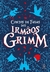 Capa do eBook "Contos de Fadas dos Irmãos Grimm", com elementos gráficos em azul e vermelho, incluindo uma bruxa voando e uma torre de castelo.