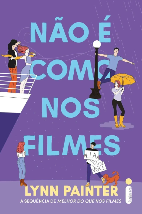 Capa do livro "Não é como nos filmes" de Lynn Painter, com ilustrações de personagens em situações divertidas.