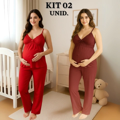 KIT 02 Pijamas Amamentação com Renda e Blusa abertura em Click Alça Reforçada e CALÇA Maternidade.