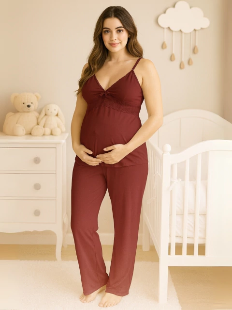 Pijama Baby Doll Amamentação Renda e abertura Click CALÇA LONGA+BLUSA com Alça Reforçada Maternidade
