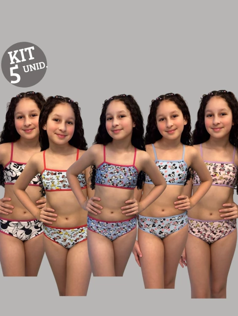Kit 05 Conjuntos Calcinha e Top Infantil Menina Moça Estampado e Liso.