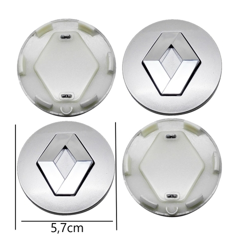 Jogo 04 Calota Calotinha Centro Roda Renault MEGANE OROCH SANDERO FLUENCE CAPTUR DUSTER 57mm Prata