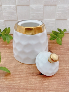 Açucareiro Branco Martelado com Borda Dourada
