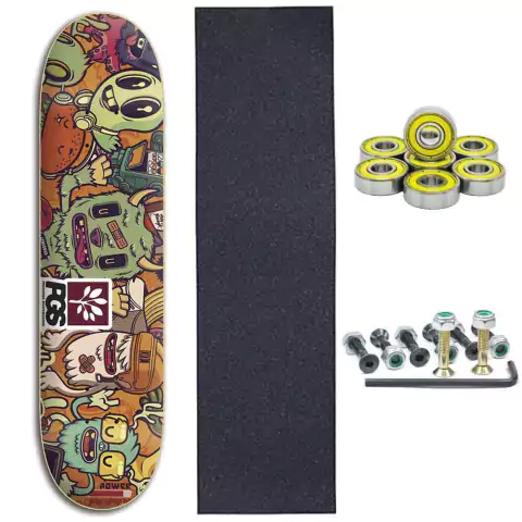 Kit com Lixa emborrachada, rolamento abec, parafuso e Shape Pro - PGS Monster Colors 8.0