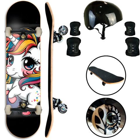 SKATE SEMI PROFISSIONAL MONTADO COMPLETO ATÉ 100KG COM KIT PROTEÇÃO - UNICORNIO