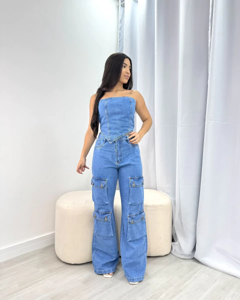 Conjunto calça cargo jeans escuro