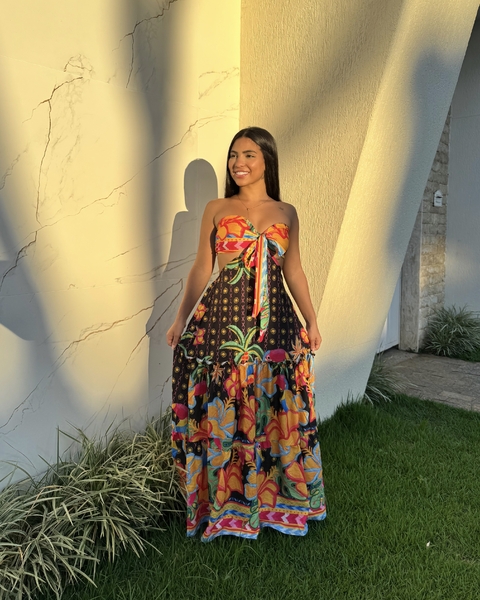 Vestido longo laço estampado